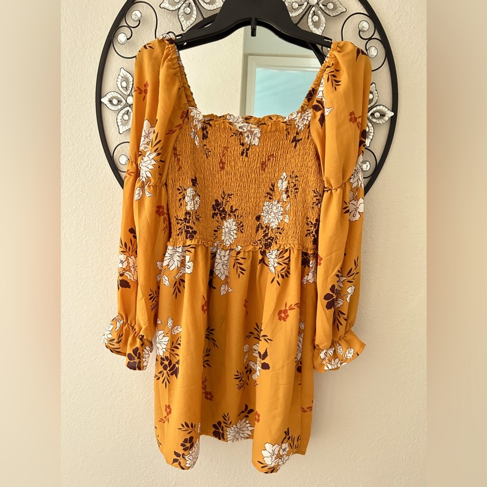 Inspired Hearts Mustard Floral Smocked Babydoll Dress